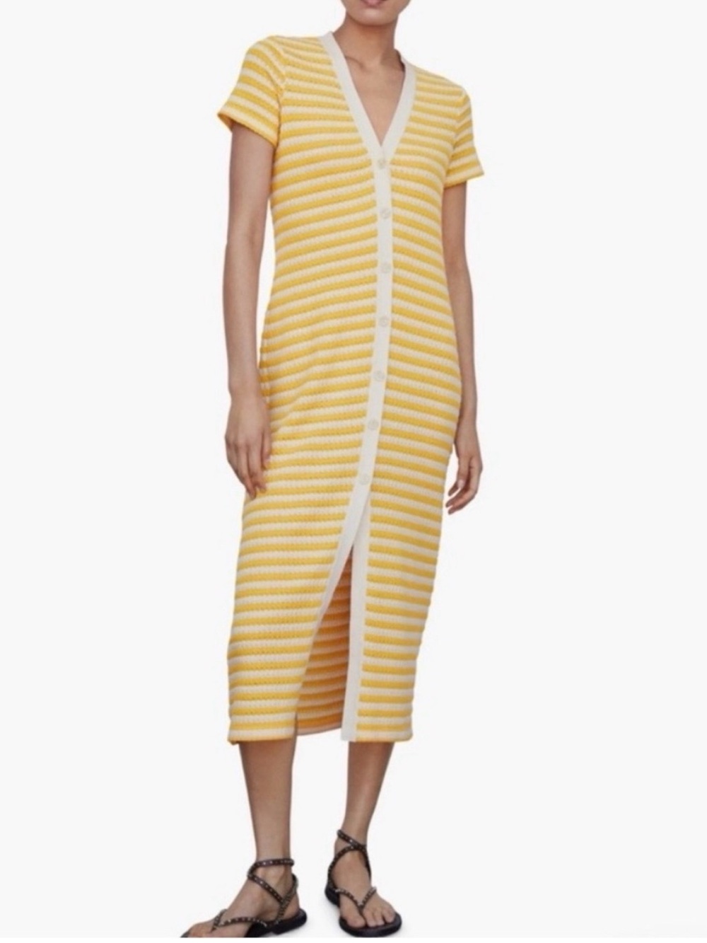 MANGO Striped Button-Front Knit Dress